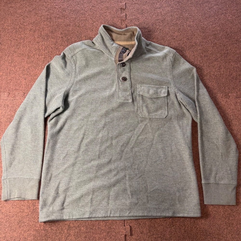 Eddie Bauer Mens Large Olive Green Textured Knit‎ Henley Mock Neck Pullover 1387